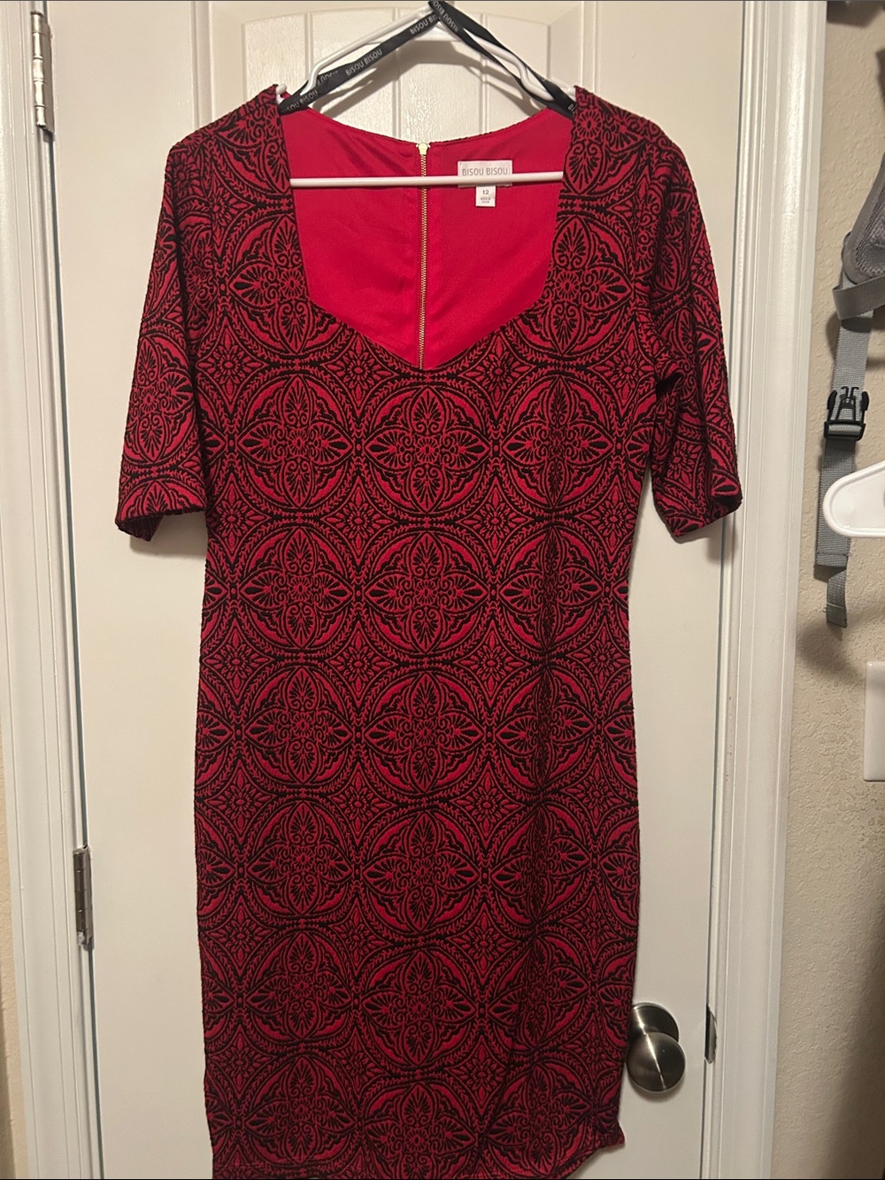 Red Patterned V-Neck Bodycon Dress by Bisou Bisou
